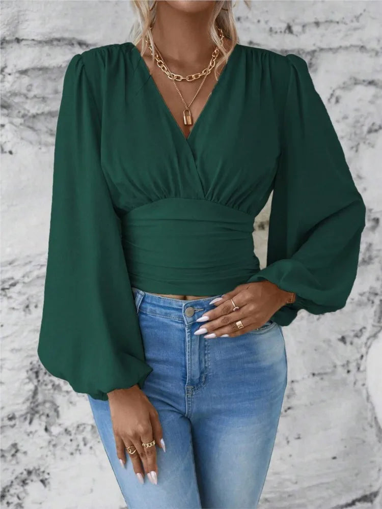 2024 Women's Spring Autumn New Fashionable Waist Collection Sexy V-neck Bag Sleeve Solid Color Wrinkled Long Sleeve Top