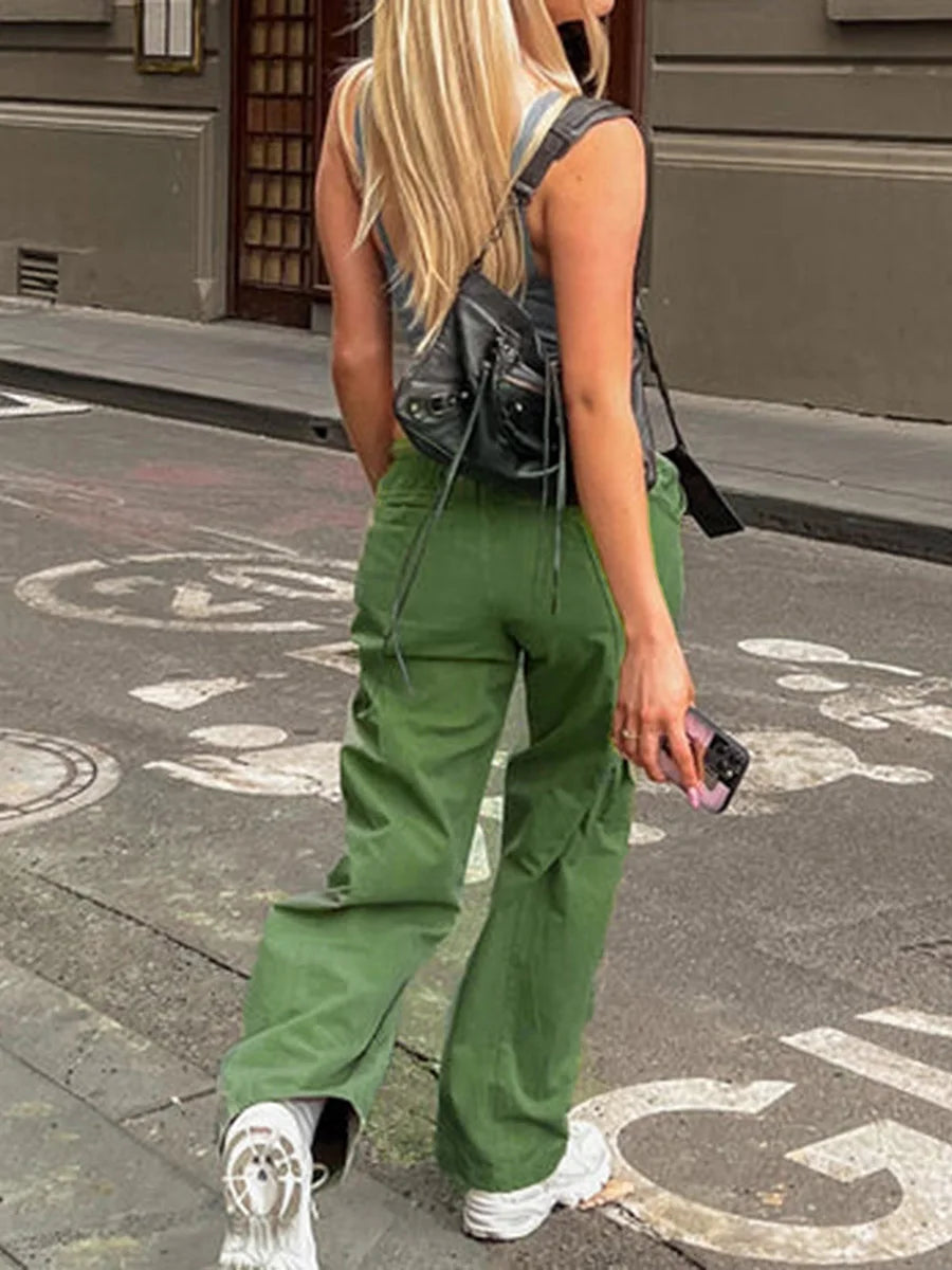 Women s Baggy Cargo Pants Drawstring Mid Waist Solid Color Jogger Pants Streetwear with Pockets