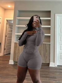 Fall Siold Bodycon Zipper Crop Top Women Tracksuits Sets+Trousers Women Black Gray 2 Two Pieces Matching Leggings Shorts Suits