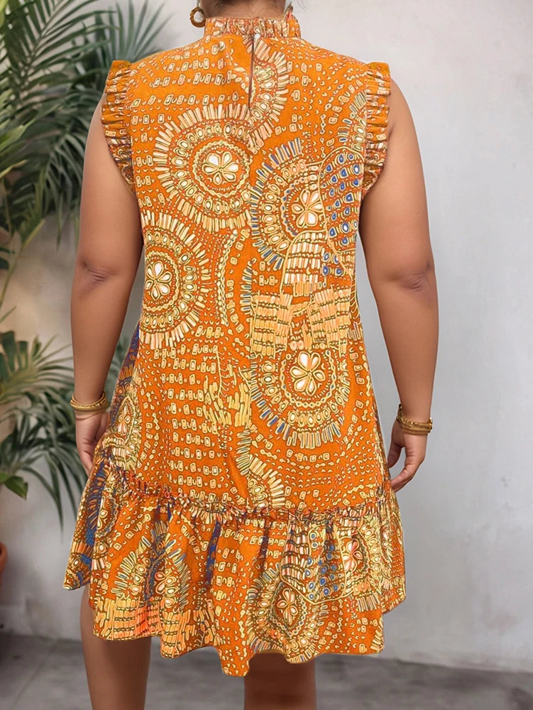 Plus Size 2025 Summer New Women's Elegant Slim Fit Short Sleeve Dress - Black gold and red paisley print ruched hem Round Neck