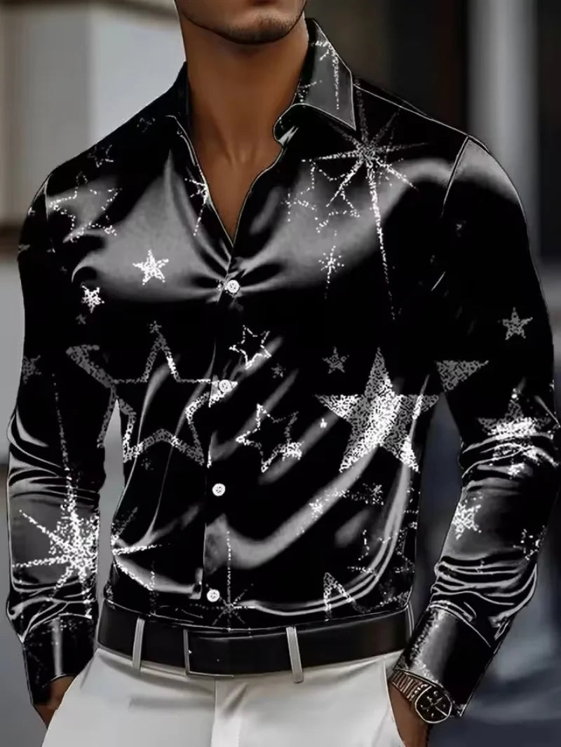Men's long sleeved shirt, retro patterned 3D printed design, men's lapel button loose and comfortable casual vacation plus size
