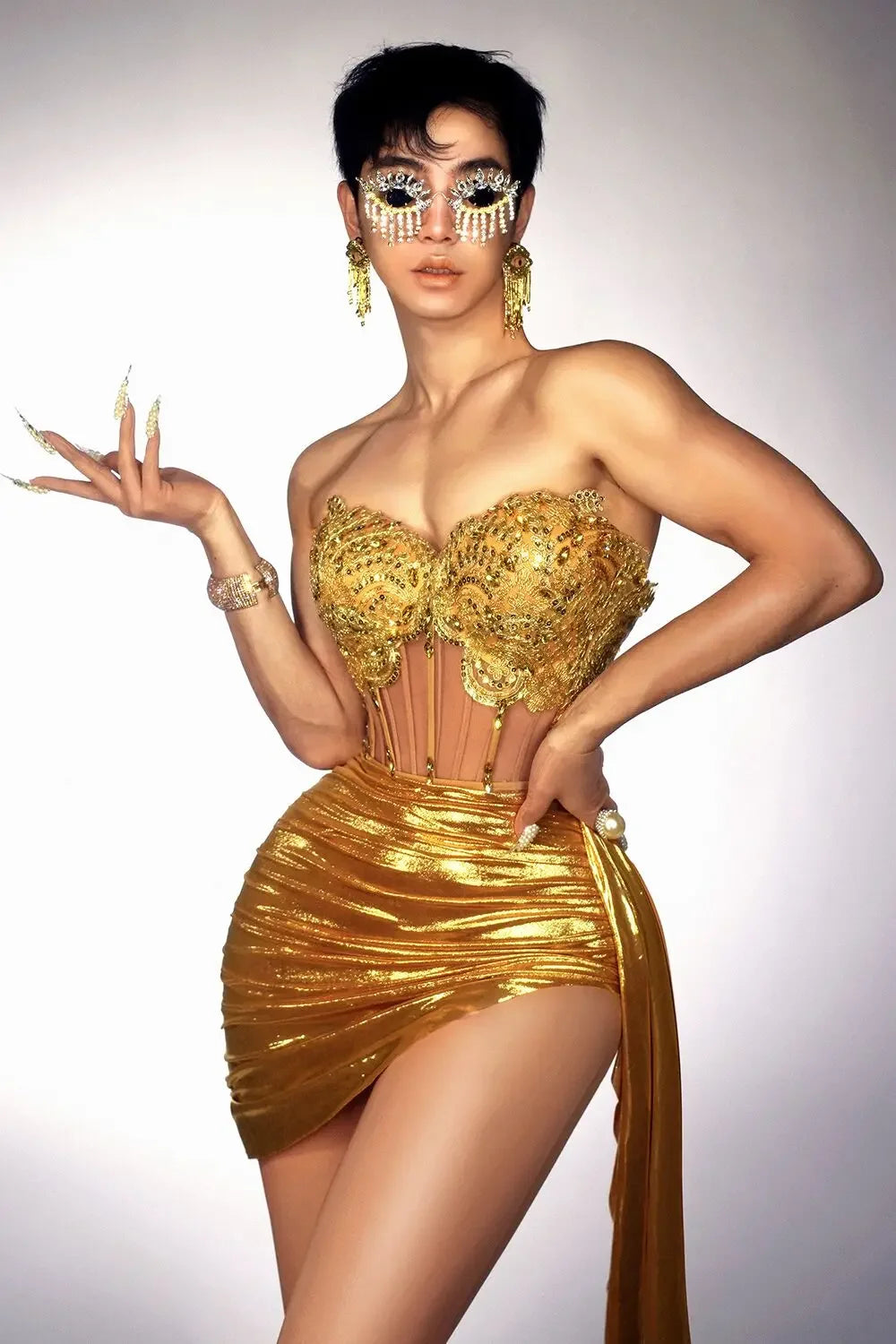 Gold Color Women Sexy 2 Pieces Strapless Bodycon Mini Dress Bar Singer Nightclub Party Celebrate Birthday Dress Wholesale Gold / XS(old)