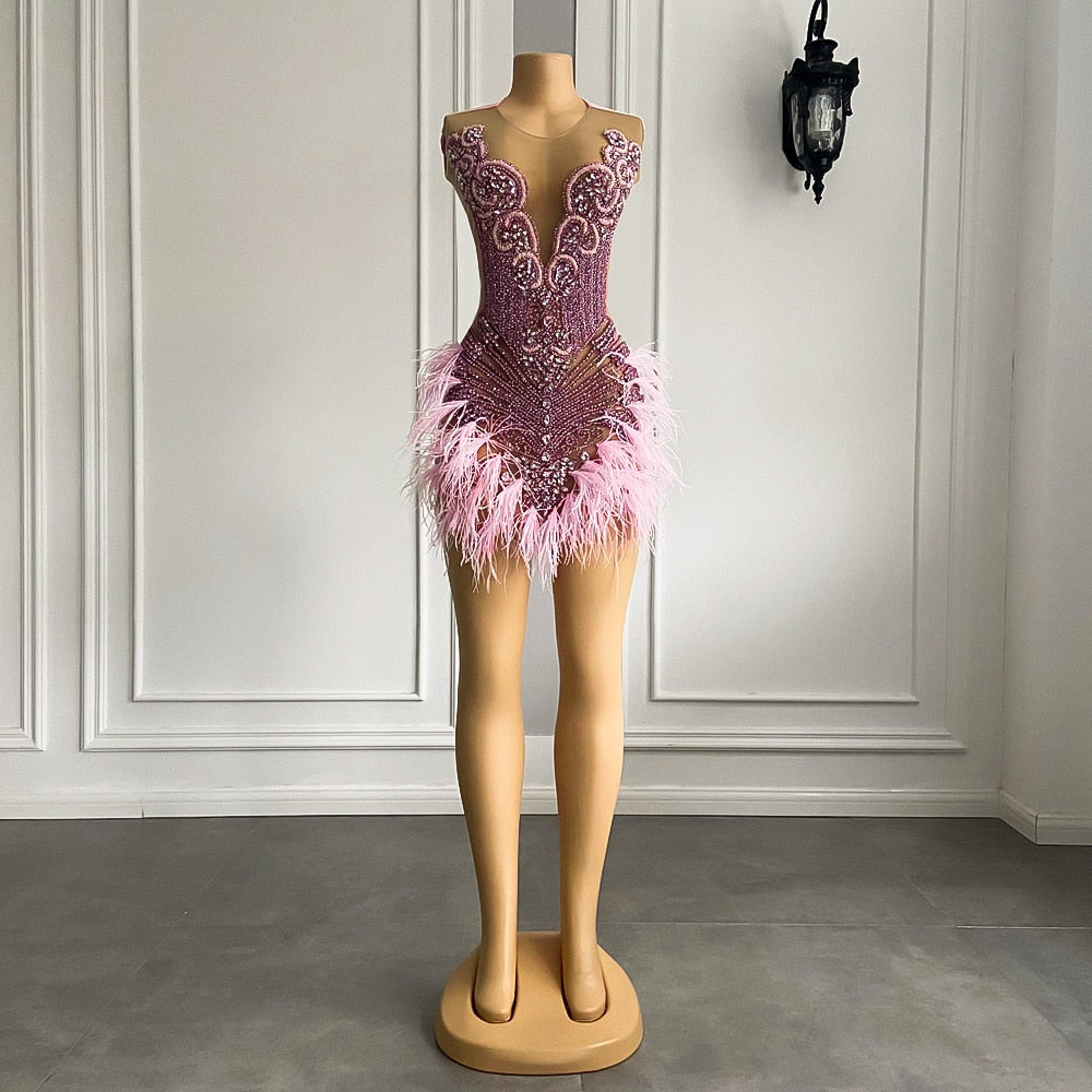 Luxury Sexy See Through Beaded  Crystals Birthday Party Short Prom Dress Feather African Women Pink Cocktail Dresses 2023