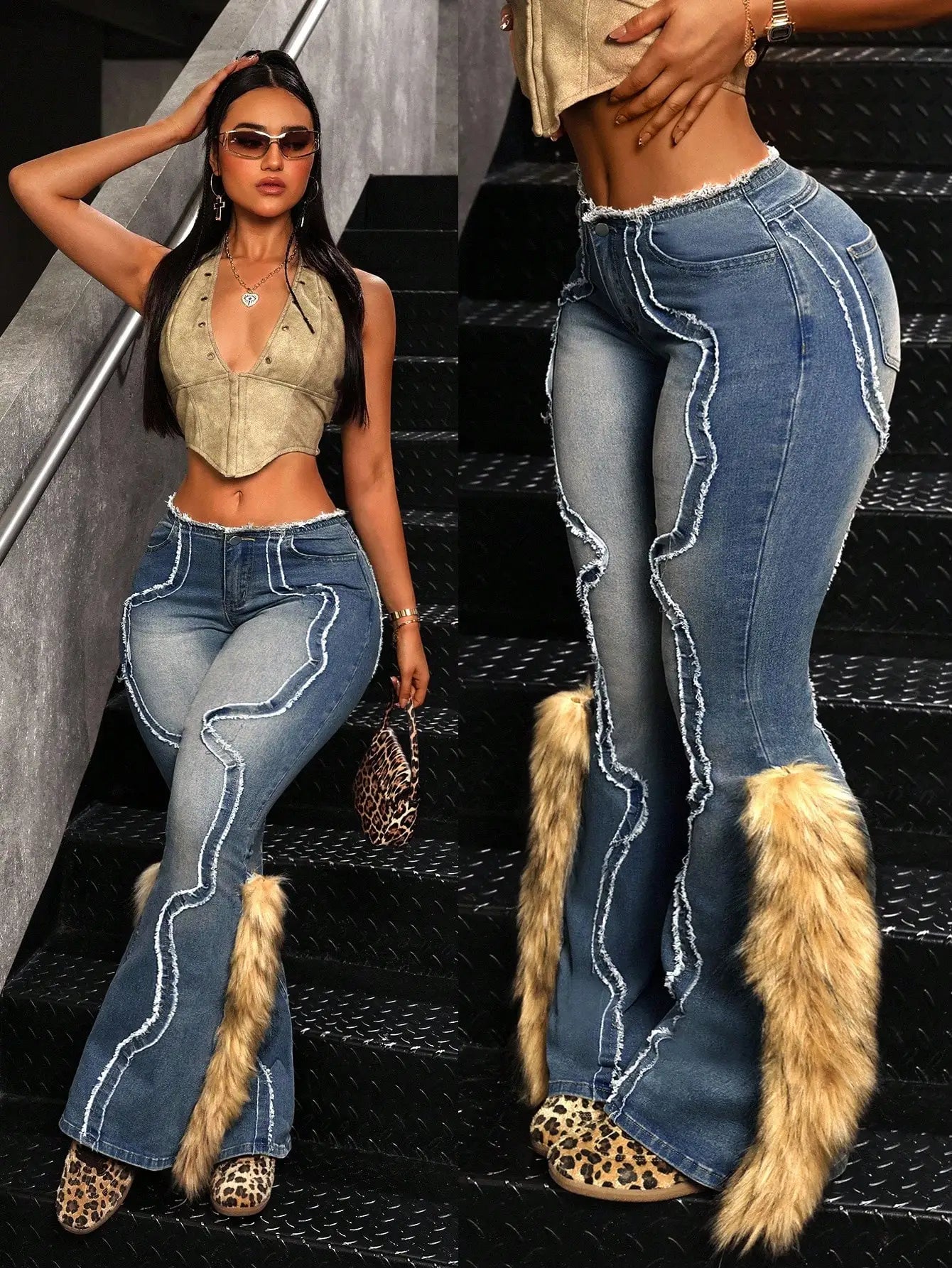 Vintage Fuzzy Patch Fur Trim Flared Denim Jeans for Women, High Waist Stretchy Streetwear