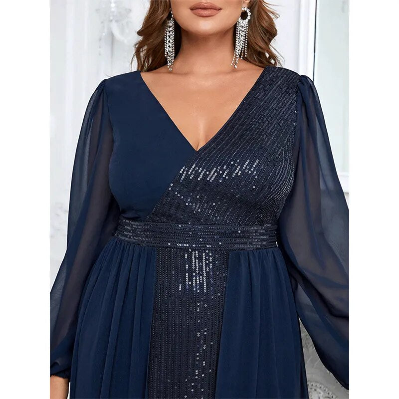 Plus Size V Neck Multicolor Chiffon Sequins Panel Dress 2023Big Size Loose Elegant Summer Long Evening Prom Dress