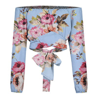 Women Sexy Off Shoulder Blouse Chic and Elegant Printing Lantern Long Sleeve Lace Up Bow Cropped Tops Casual Slim Shirts 2024