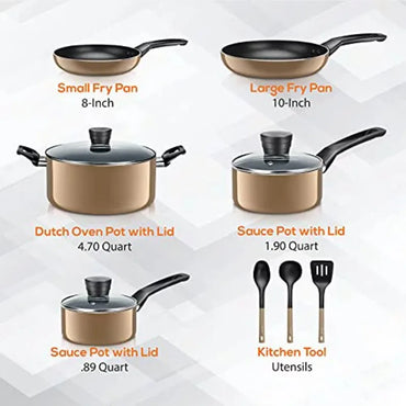 SereneLife 11 Piece Pots and Pans Non Stick Kitchenware Cookware Set, Gold