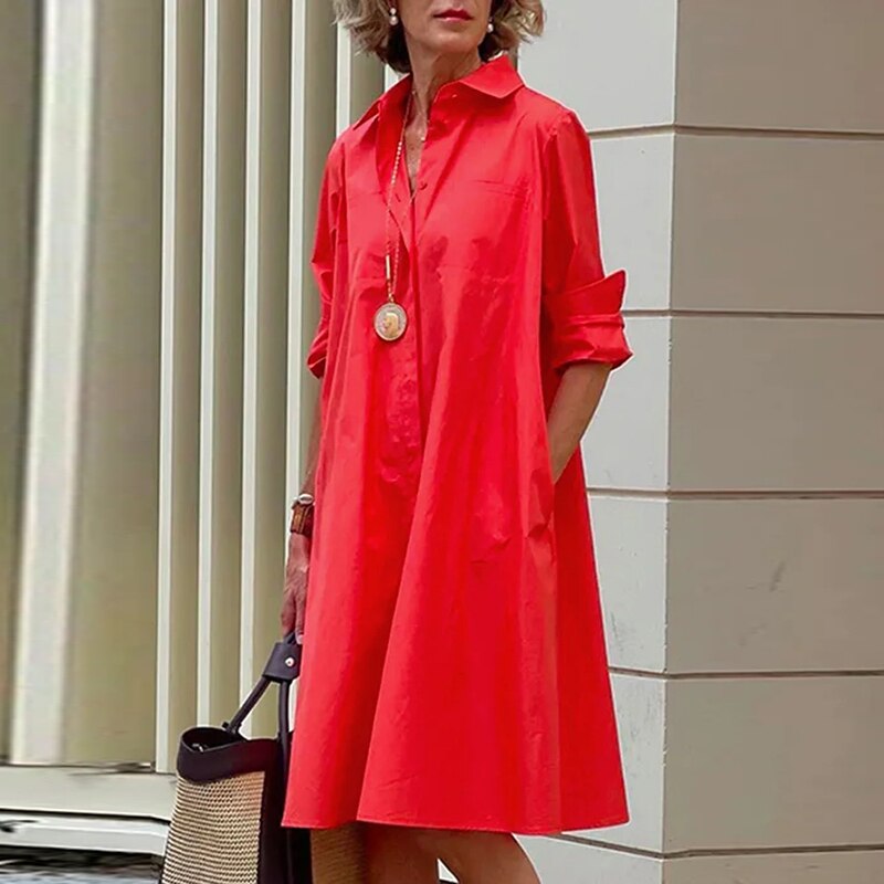 Elegant Solid Shirt Dress Women 2023 Turn Down Collar Long Sleeve Midi Dresses Spring Ladies Commute Casual Loose Pocket Blouses