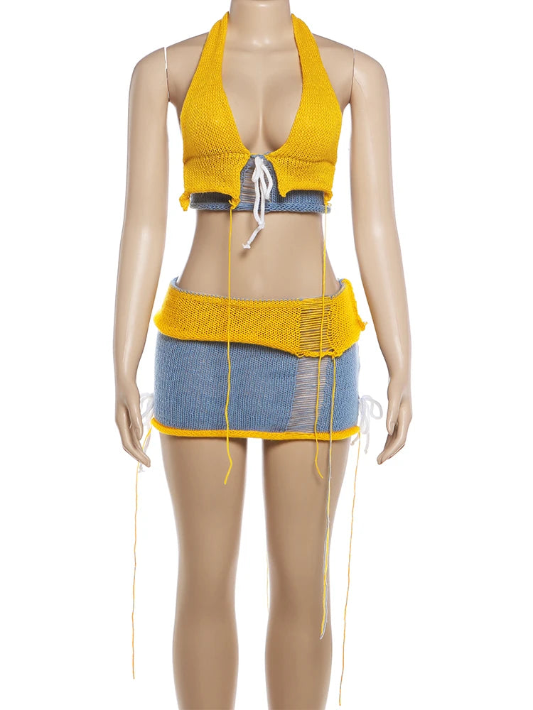 Kliou Contrast Patchwork 2 Piece Set Woman Crochet Halter Low-Neck Backless Tank Tops+Tassel Mini Skirts Beach Party Style Suits