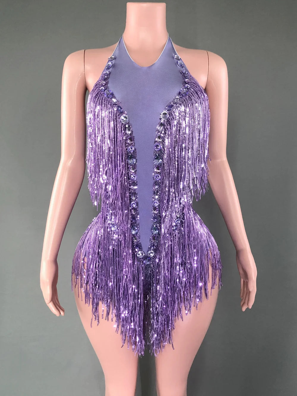 Sparkly Hot Pink Crystals Sequins Fringes Bodysuit for Women Sexy Backless Dance Costume Dancer Performance Show Stage Wear