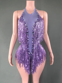 Sparkly Hot Pink Crystals Sequins Fringes Bodysuit for Women Sexy Backless Dance Costume Dancer Performance Show Stage Wear