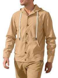 European and American Men's Button-up Shirt Loose Cotton Linen Casual Simple Beach Hooded Long-sleeved Jacket