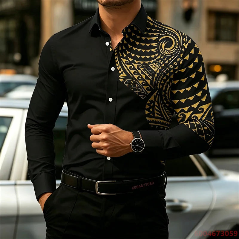 2026 New Men's Long-Sleeve Shirt, Fashionable Pattern Print, Slim Fit, European Size Business Casual Men's Top, Sizes XS-6XL