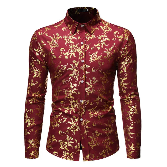 Mens Gold Rose Floral Print Shirts Brand Floral Steampunk Chemise White Long Sleeve Wedding Party Bronzing Camisa Masculina New
