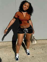 Women Sets Outfit Summer Streetwear Panelled Two Tone Slim Sports Short Sleeve Shorts Suits Zip Crop Tops Casual 2 Two Piece Set