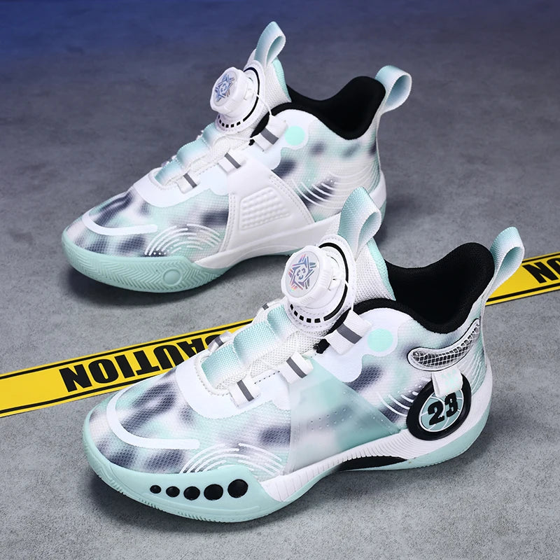 Children Sports Shoes Mesh Rotating Buckle Fashion Sports Shoes Breathable Anti Slip Wear-Resistant Basketball Boots for Kids