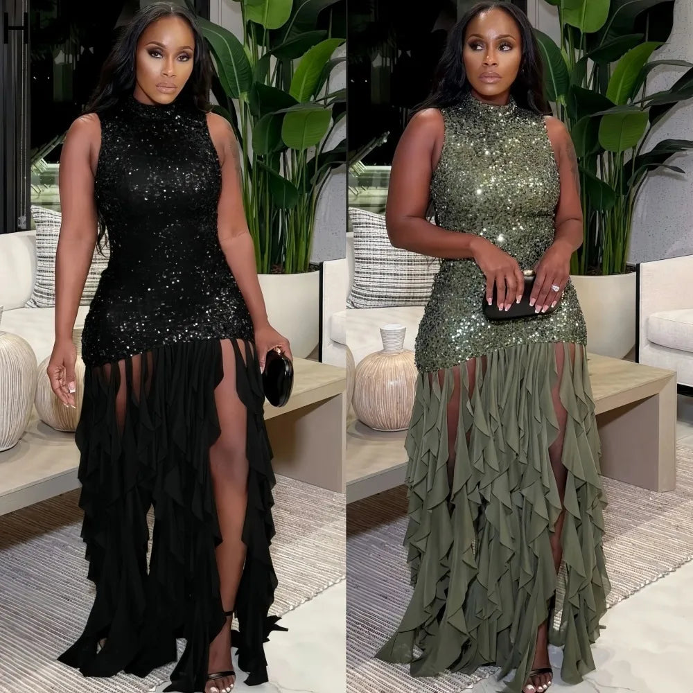 HLJ Sexy Sequin Patchwork Bodycon Dresses for Woman Mesh Shining Sleeveless Ruffle Dress Female Party Clubwear Vestidos 2025 New
