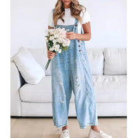 Women Denim Jumpsuits and Rompers Vintage Ripped Hole Wide Leg Jeans Overalls Ladies Casual Playsuits