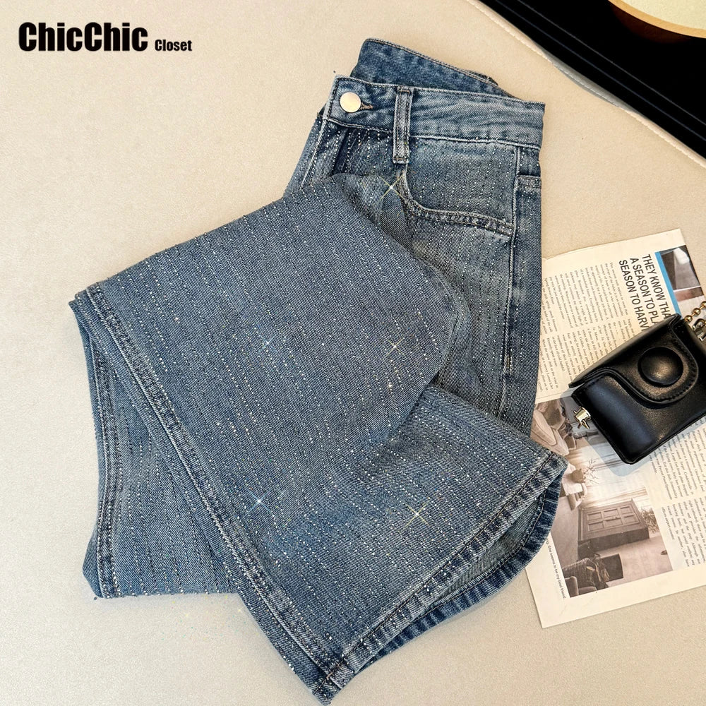 Women's Jeans Spring Retro Washed Diamond-encrusted Design Sense High-waisted Straight-leg Pants Loose Wide-leg Mopping Pants