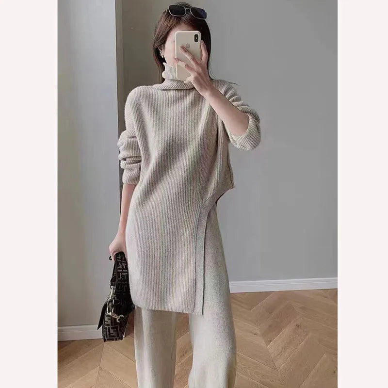 2023 New High Neck Korean Version Midi Sweater Irregular Knit Dress + Wide-legged Pants Thickened Suit Women