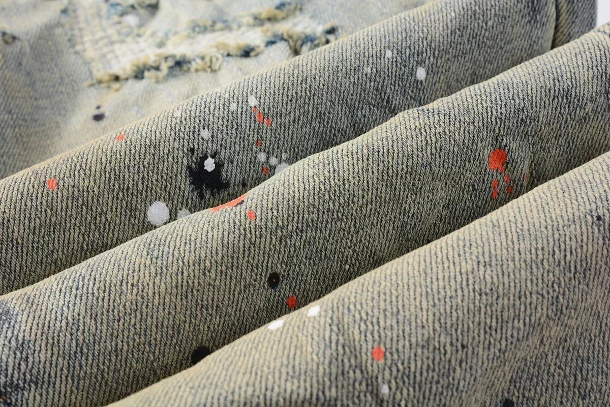 Men's Skinny Denim Jeans 2025 New Streetwear Distressed Painted Repair Low-Rise Brand Pants for Casual Style