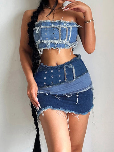 HEYounGIRL Fashion Patchwork Women Jeans Skirt Sexy Club Belt Decoration Vintage Denim Short Skirts Low Waist Female Miniskirts