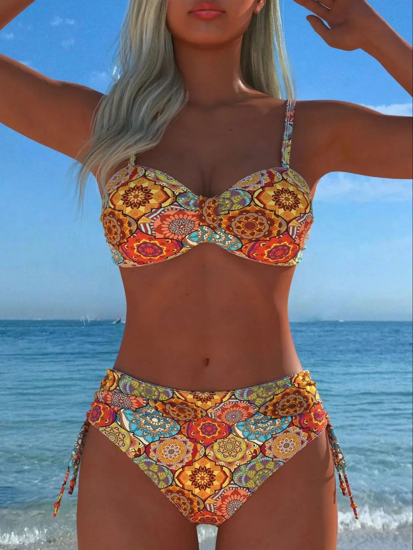 Women's 2026 Summer Bohemian Paisley Print 2 Piece Bikini Set Spaghetti Strap Side Tie Beach Bathing Suit Swimwear