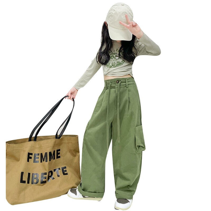 Spring And Autumn New Girl's Retro Army Green Cargo Pants High Waist Showing Thin Loose Sports Casual Wide Leg Trousers 6-14 Y