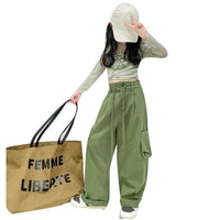 Spring And Autumn New Girl's Retro Army Green Cargo Pants High Waist Showing Thin Loose Sports Casual Wide Leg Trousers 6-14 Y