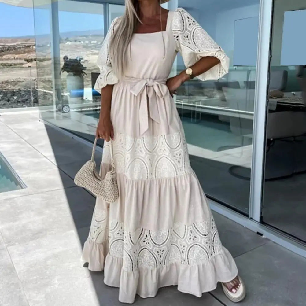 Women Dress Square Collar Puff Half Sleeves Long Dress Belt Lace Stitching Beach Dress High Waist Solid Color Dress Streetwear