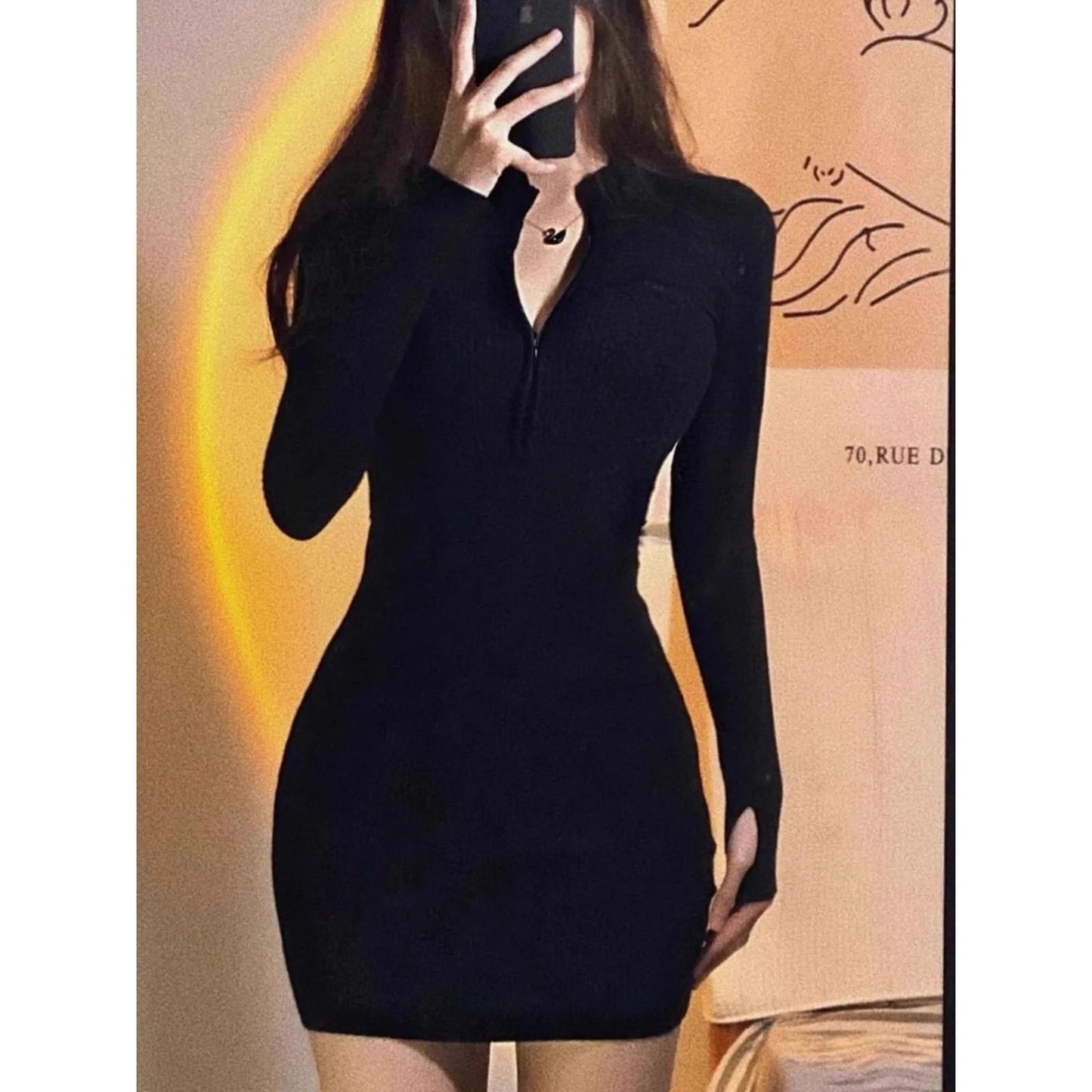 Slim Fit Long Sleeve V-Neck Dress Sexy Black Mini Dress for Women Autumn Winter Fashion Street Style Polyester Spandex Blend