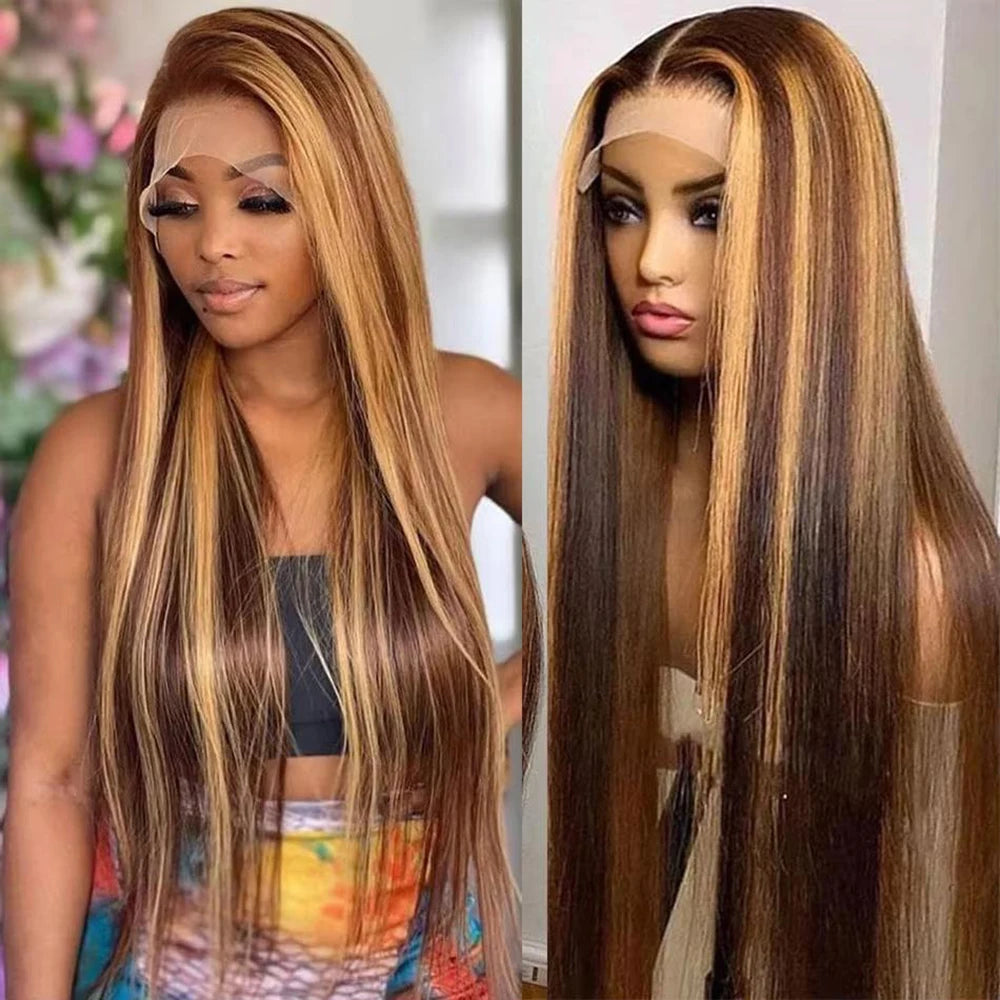 P4/27 Highlight Straight Human Hair Wig 13x6 Lace Pre Plucked Brazilian Blonde P4/27 Colored Human Hair Wig 46 Inch For Women