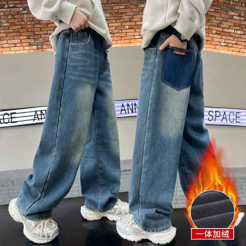 Boys Jeans 2024 Autumn&winter New Teenage Children Plus Fleece Warm Pants Boys Fried Street Handsome Pants Kids Denim Trousers