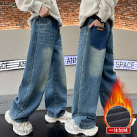 Boys Jeans 2024 Autumn&winter New Teenage Children Plus Fleece Warm Pants Boys Fried Street Handsome Pants Kids Denim Trousers