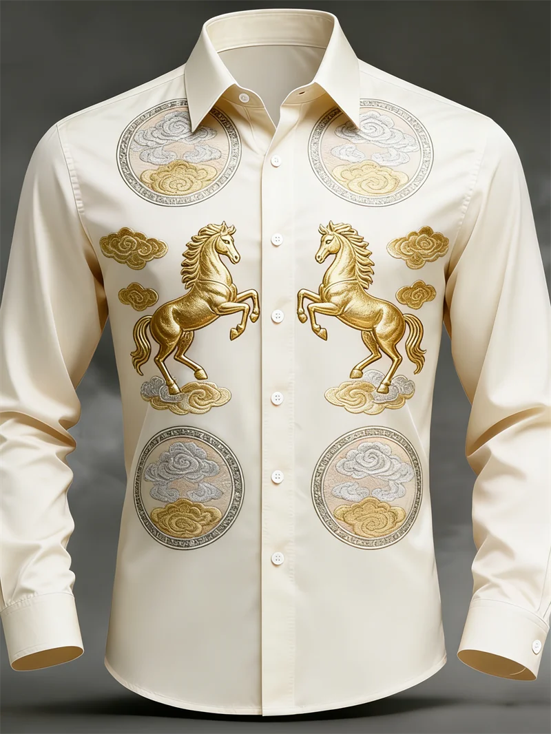 New men's long sleeved shirt casual button lapel 3D printed horse pattern luxurious men's top soft and comfortable