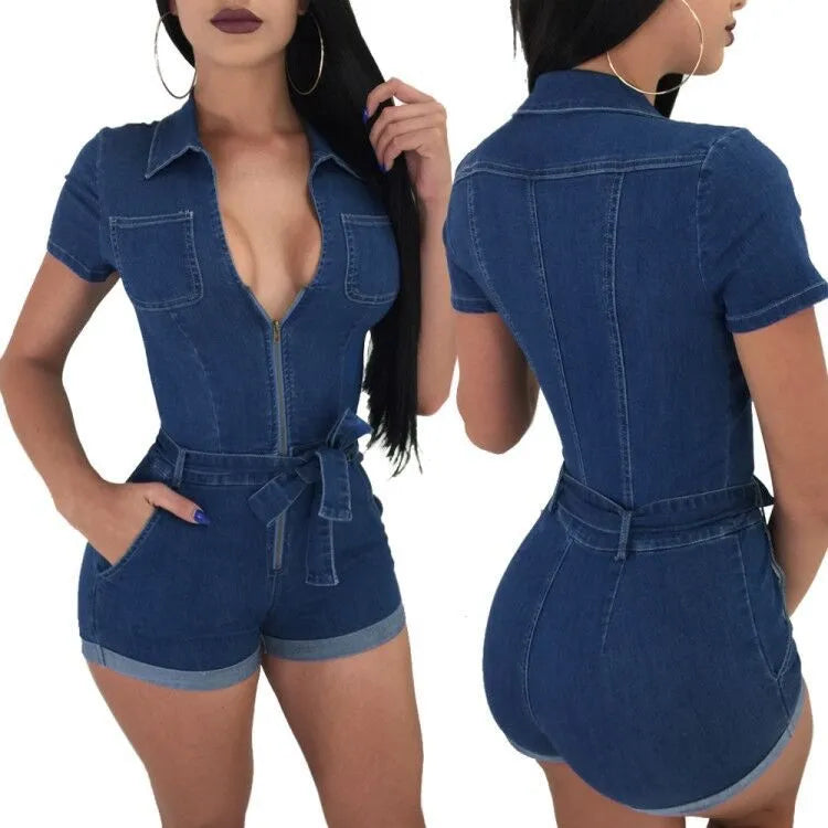 Women Summer Casual Street Denim Short Sleeve Playsuits Deep V Party Jeans Slim Jumpsuits Female Bodysuits Vintage Rompers