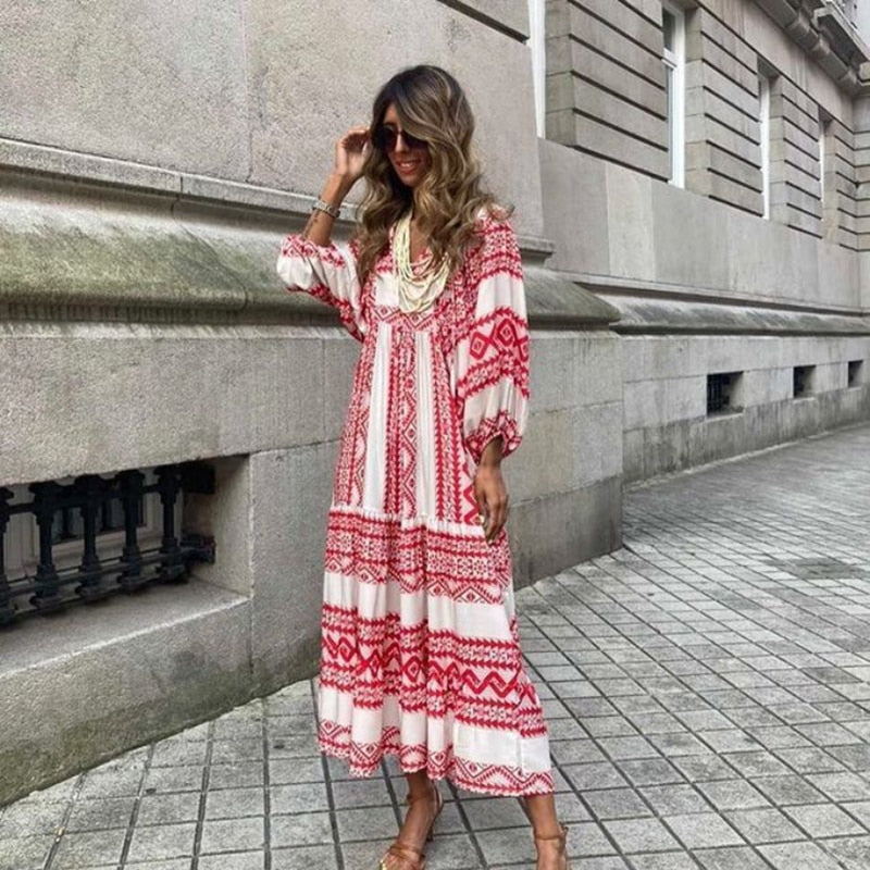 Puff Sleeve Boho Maxi Dress Elegant Women Summer 2022 Casual Floral Drawstring V-Neck Loose Holiday Beach Dresses Party Vestidos