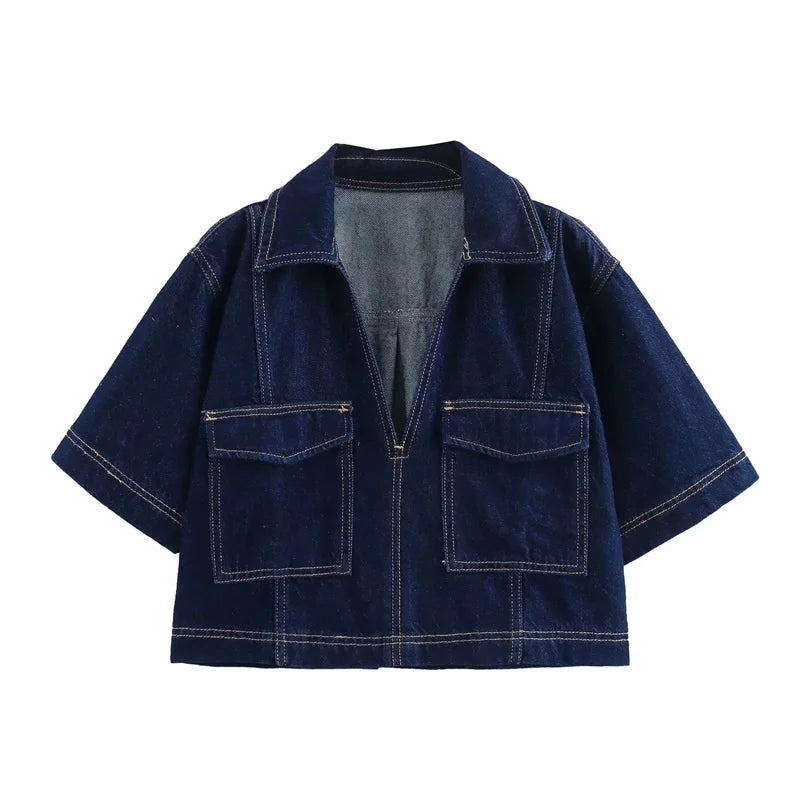 MUJER Blue Denim Shirt Woman Short Sleeve Cropped Shirt Women Summer Short Tops Woman Streetwear Y2k Stylish Women's Blouses