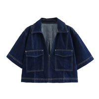 MUJER Blue Denim Shirt Woman Short Sleeve Cropped Shirt Women Summer Short Tops Woman Streetwear Y2k Stylish Women's Blouses