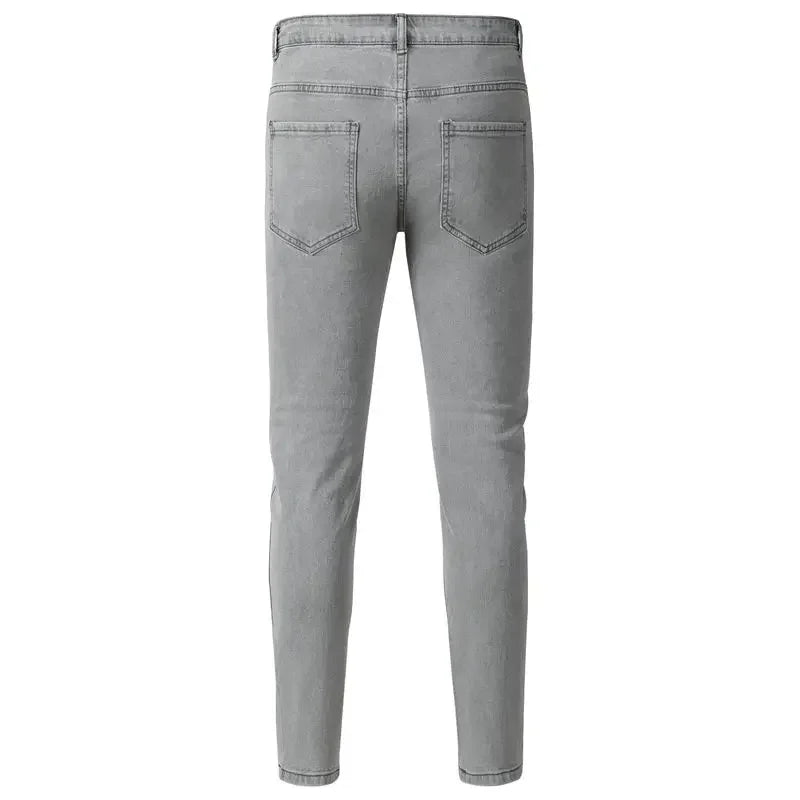 Men Pleated Patch High Stretch Denim Jeans Streetwear Vintage Blue Grey Skinny Tapered Biker Pants Ripped Distressed Trousers
