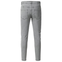 Men Pleated Patch High Stretch Denim Jeans Streetwear Vintage Blue Grey Skinny Tapered Biker Pants Ripped Distressed Trousers