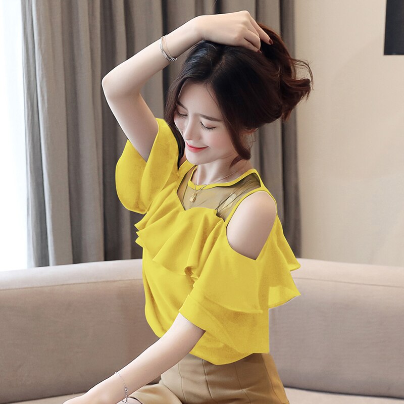 2023 Sexy Fashion Short Sleeve White Blouse Summer Women Blouses Chiffon Shirt Off Shoulder