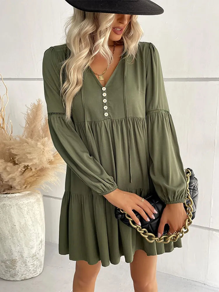 M 2023 New Women's Fashion V Neck Long Sleeve Green Lace Up Early Autumn Loose Dress For Ladies Solid Color Chic Dresses