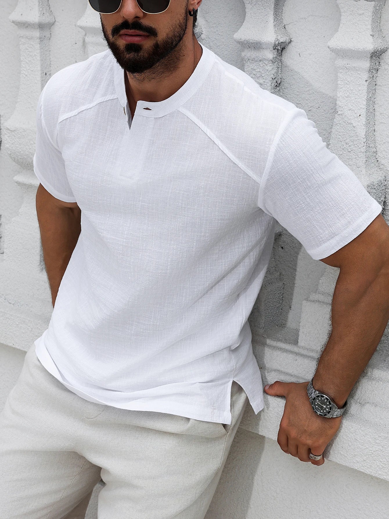 1PCS Mens Linen Short-Sleeved Shirt Top Round-Neck Pullover Casual Solid Color Henry Collar T-Shirt with Buttons Fashion Hippie