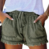 Women's Washed Denim Shorts, Casual Drawstring Elastic Waist Frayed Hem Loose Short Jeans