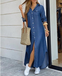 Sexy Long Dress Long Sleeve Shirt Women's Denim Long Dress Pocket Button Shirt