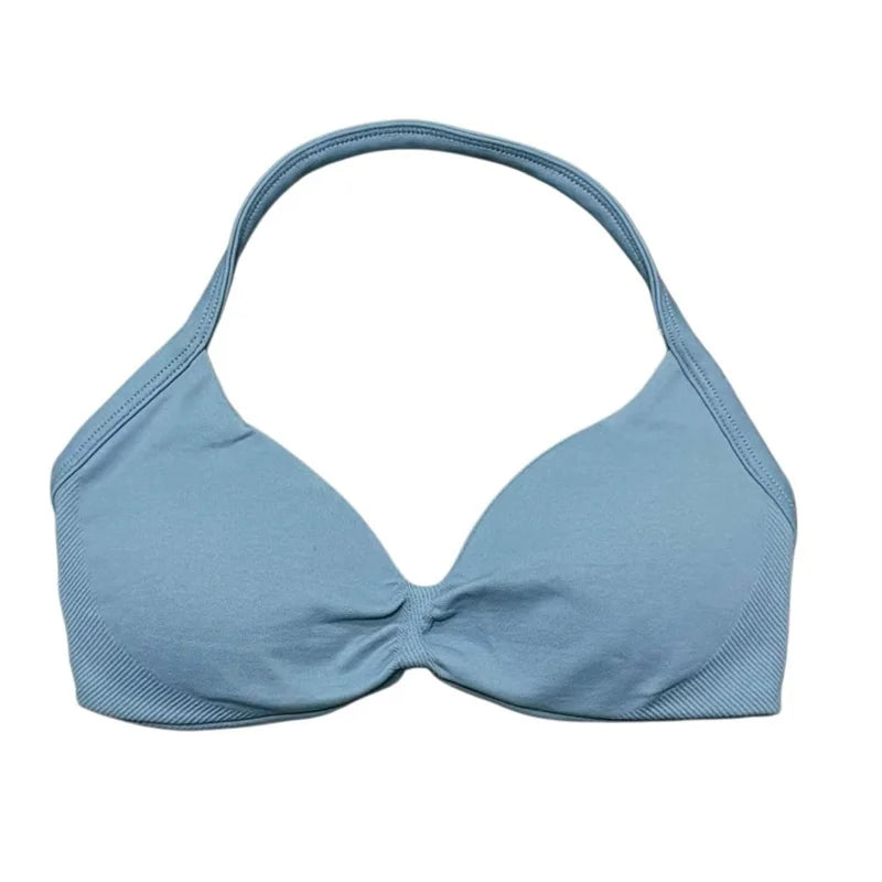 HISTELLO Sports Bra Seamless Halter Thin Strap High Support Scrunch Women Removable Pads Gym Fitness Workout Yoga Clothes