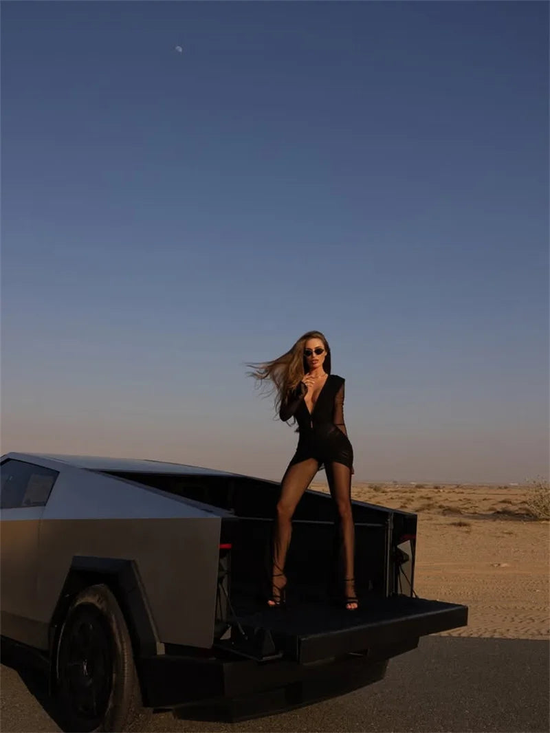 Blifanbo Sexy Deep V Mesh Long Sleeve Jumpsuit  Women Autumn Double Layer Patchwork Ruched Bodycon Jumpsuit Rompers New 2025