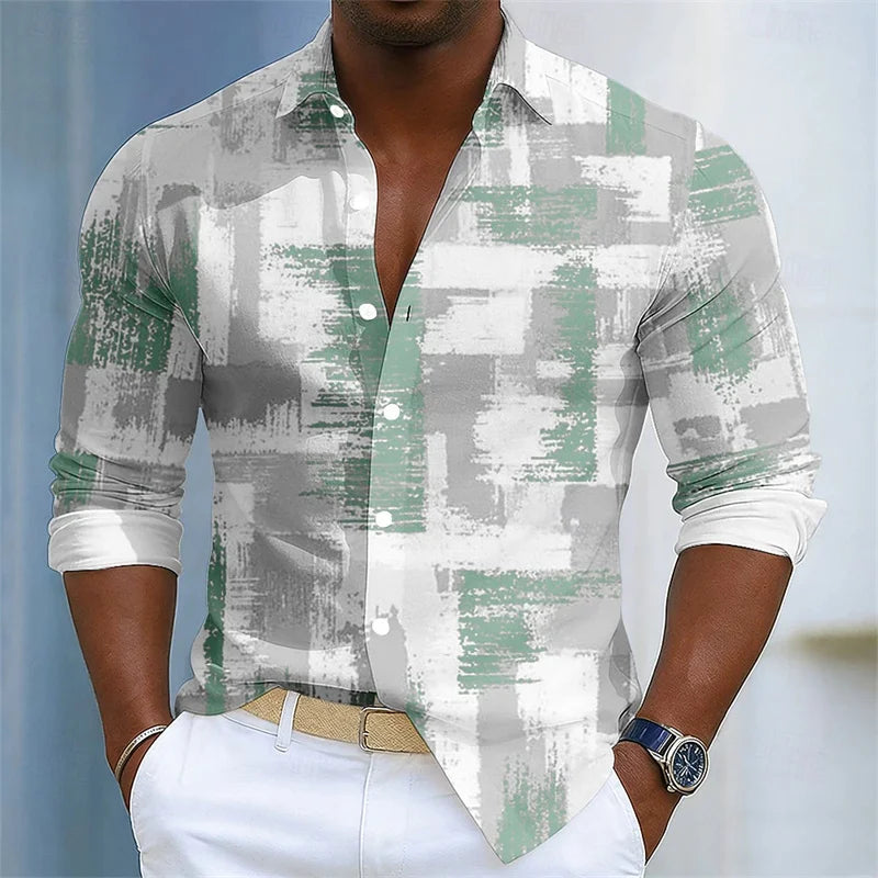 Men's shirt with simple geometric lines printed in contrasting colors, loose long sleeved top, daily casual versatile shirt
