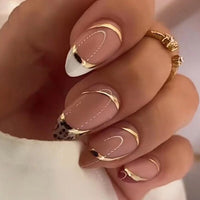 24Pcs Long Round Head Black Glod Line Press On Nail Art Removable Fake Nails With Glue Full Cover Waterproof False Nails